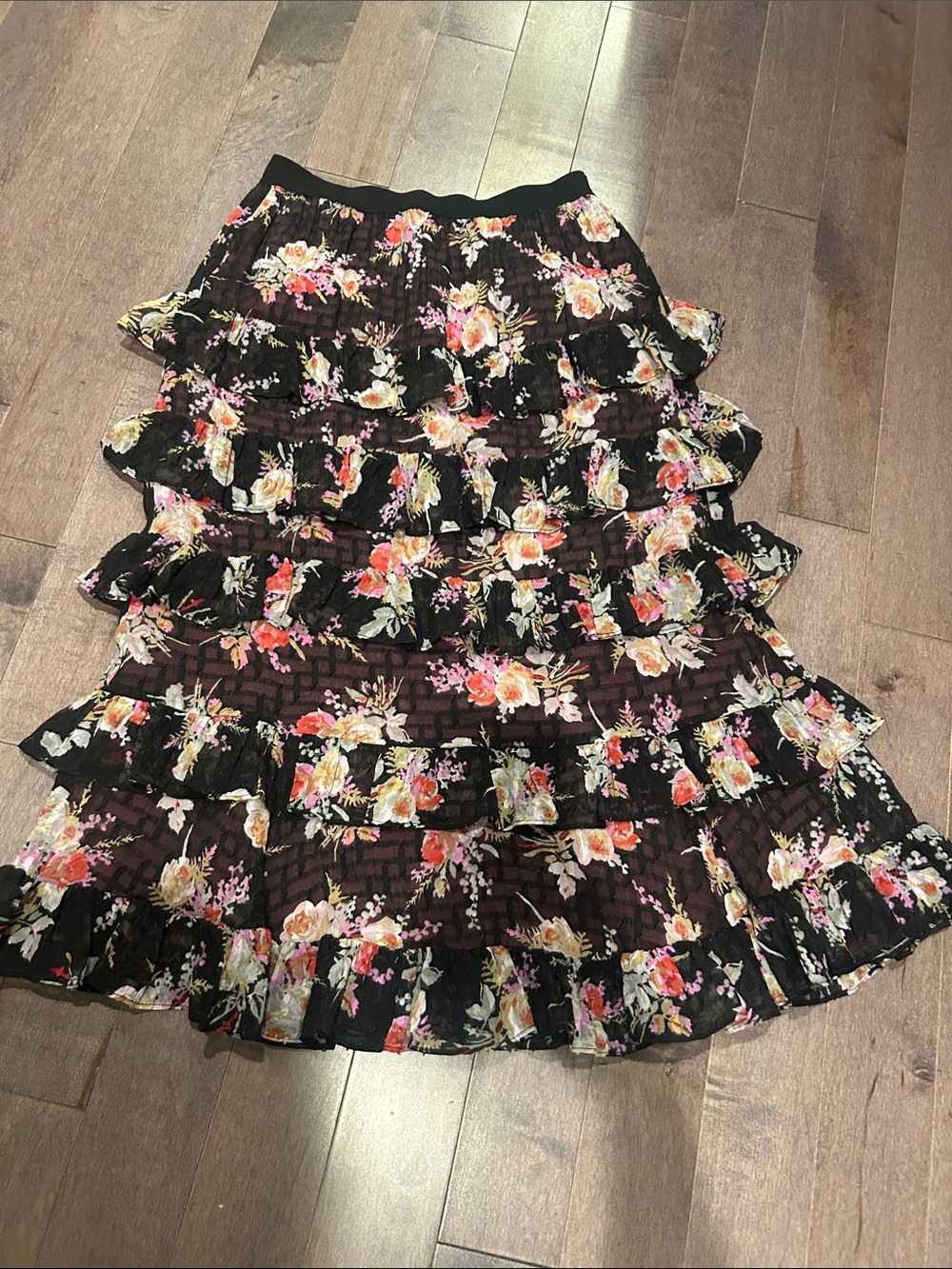 Rebecca Taylor Black Floral Tiered Ruffle Skirt